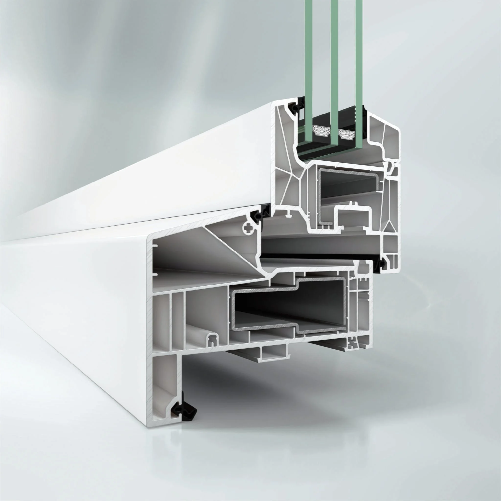 Doorsnede van het Schüco Living kunststof kozijnprofiel met meerdere kamers en triple glas voor isolatie – Toelevering Online